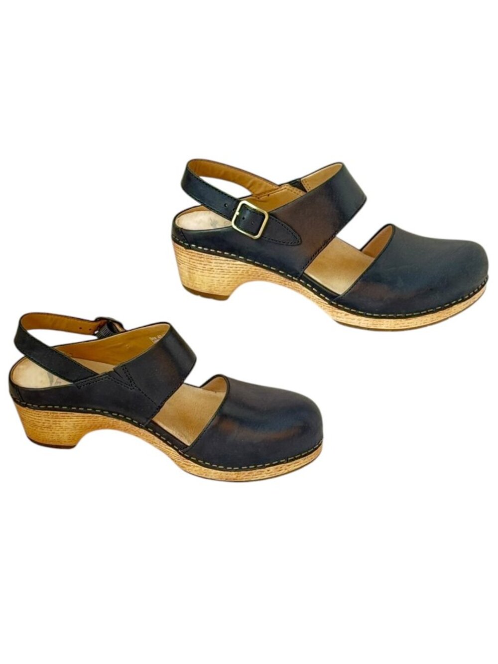Dansko Lucia Leather Clogs Black Oiled Strappy Wooden Platform Women's Size 40 - Picture 3 of 11